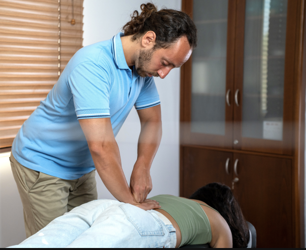 A chiropractor assessing a patient